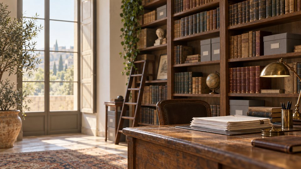 A reading room with tall shelves of old books, archive boxes and a desk lamp